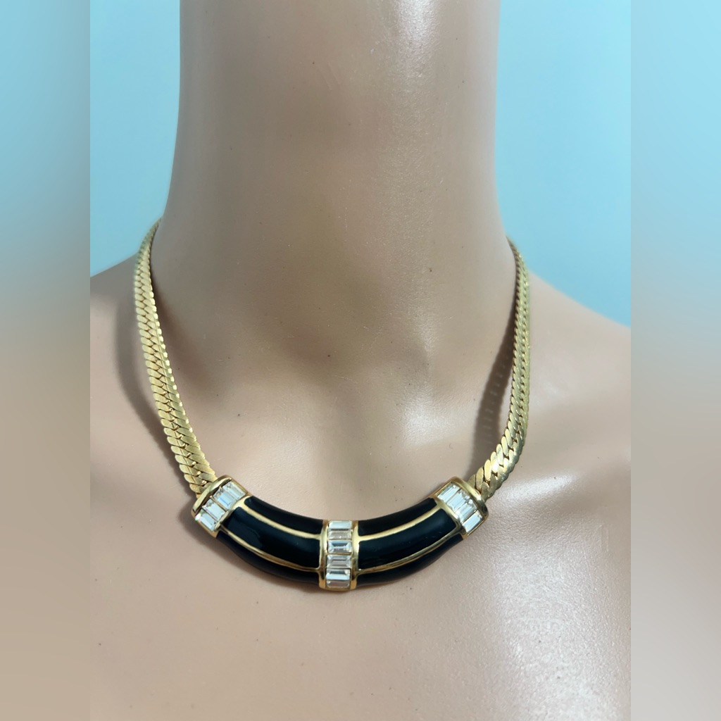 Vintage Swarovski Signed Sal Necklace Gold Tone Black Clear Crystal Choker 70$
